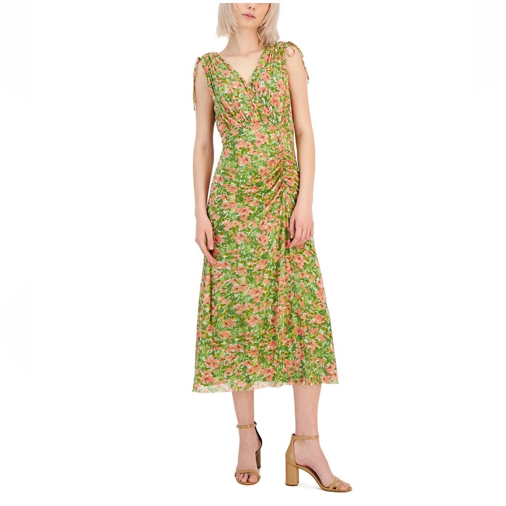 Anne Klein Women's Floral-Print Tie-Shoulder Ruched Midi Dress